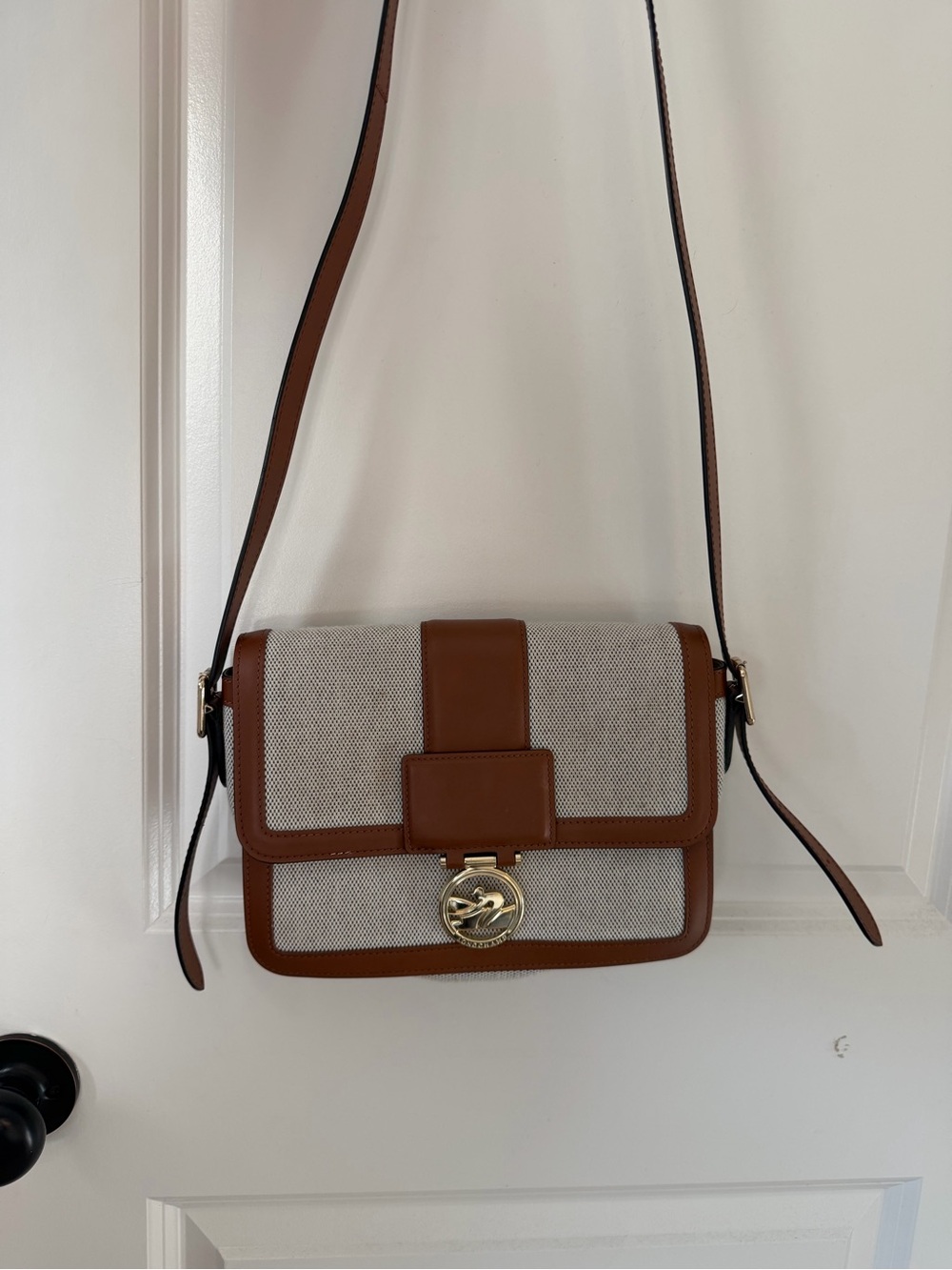 Longchamp Box-Trot bag: Cream Canvas, Brown Leather Crossbody with Gold Hardware - Picture 1 of 3
